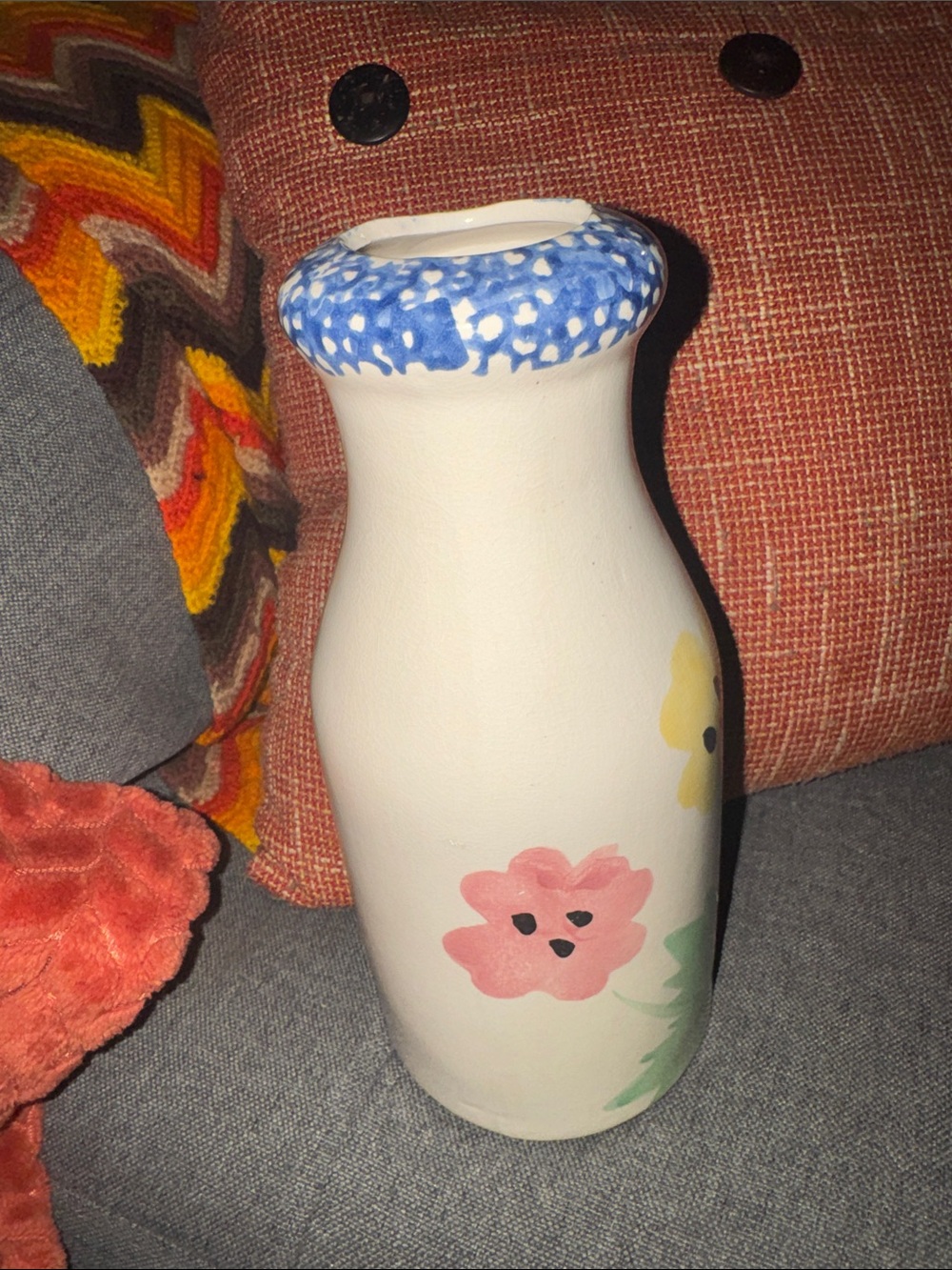 Vintage Hand Painted Ceramic Flower Vase Milk Bottle Style Floral Blue Rim 8 Inc